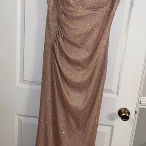 Betsy & Adam Shimmering Rose Gold Draped Maxi Dress